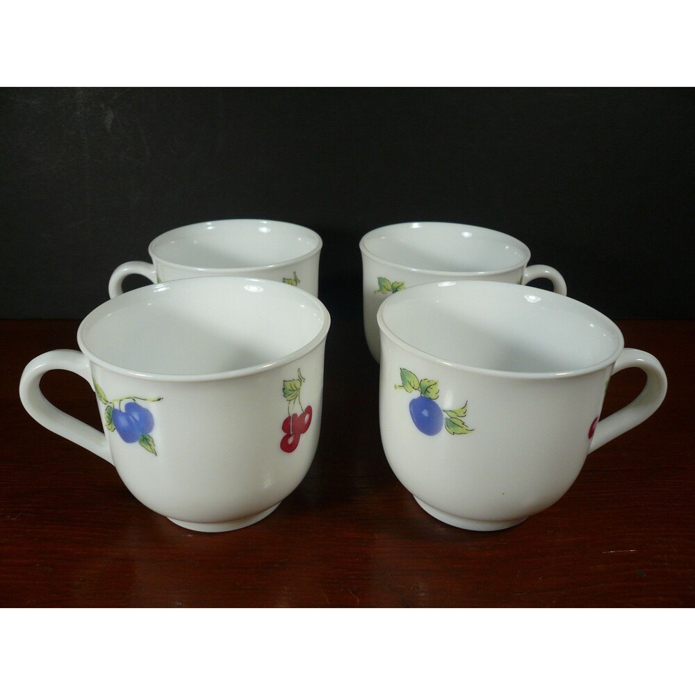 Martha Stewart Everyday 4 Cups White Berries Plum Cherries 8 oz. Tea Coffee Mugs